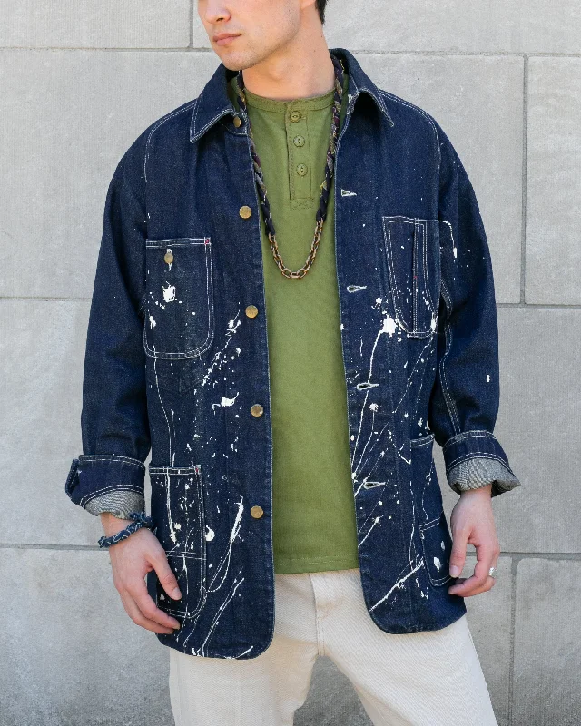 Japanese Repro Chore Coat, K's Collection Brand, Dark Denim with White Splatter - L