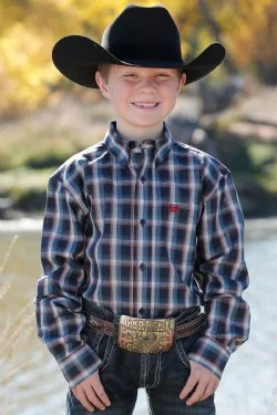 Hiking shirt outdoor UV protection-Boy's Match Dad Plaid Button-Down Western Shirt - Navy