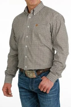 Hiking shirt moisture-wicking camping-Men's Geometric Print Button-Down Long Sleeve Western Shirt - White / Gold