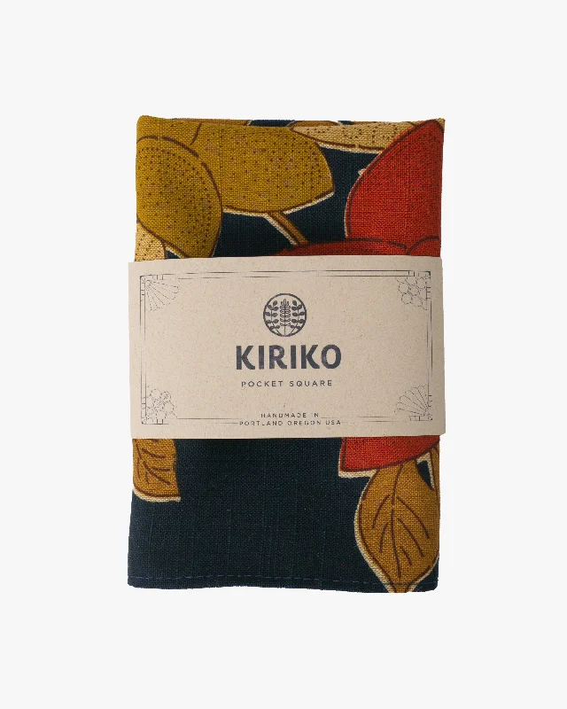 Kiriko Original Pocket Square, Navy with Red Flowers and Gold Leaves