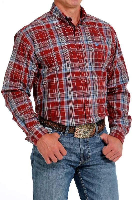 Hiking shirt spring waterproof-Men's Plaid Button-Down Long Sleeve Western Shirt - Red & Blue