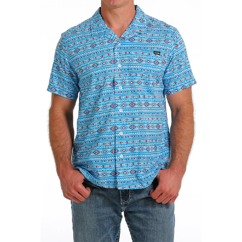 Hiking shirt plus-size lightweight-Men's Tribal Print Short Sleeve Camp Shirt - Blue Aztec