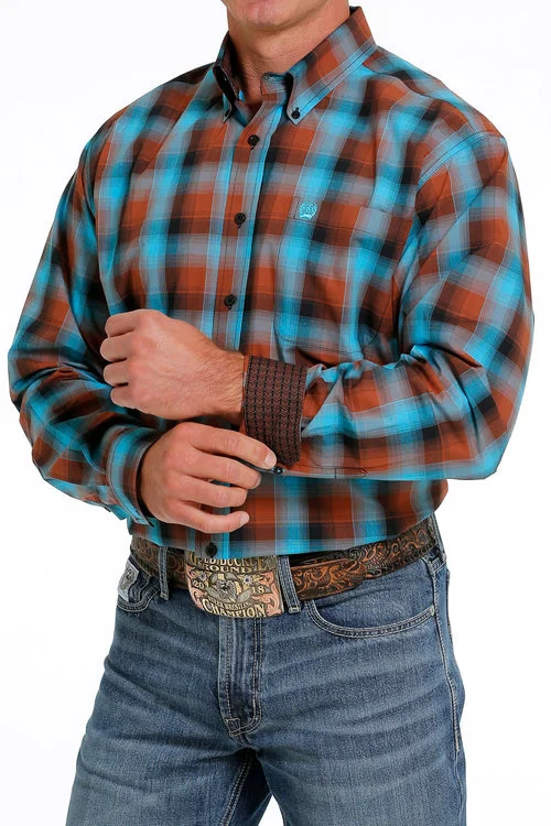 Hiking shirt unisex moisture-wicking-Men's Plaid Button-Down Long Sleeve Western Shirt - Turquoise & Cinnamon