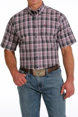 Hiking shirt petite breathable-Men's Plaid Button-Down Short Sleeve Western Shirt - Navy / Pink / Light Blue