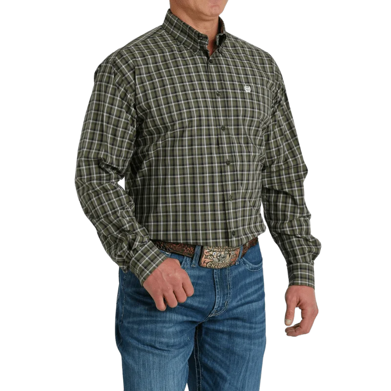 Hiking shirt summer windproof-Men's Plaid Button-Down Long Sleeve Western Shirt - Olive