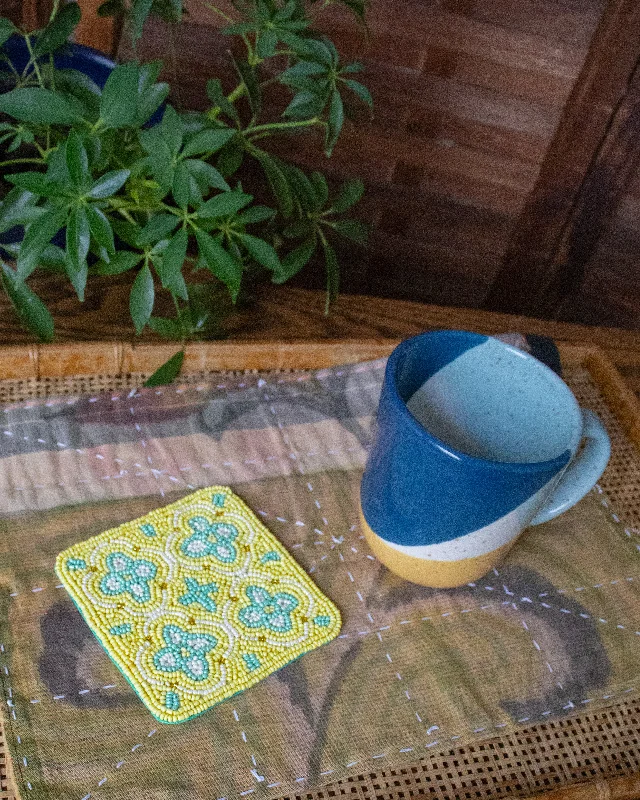 Coaster, Bisque, Beaded Flower Pattern Yellow