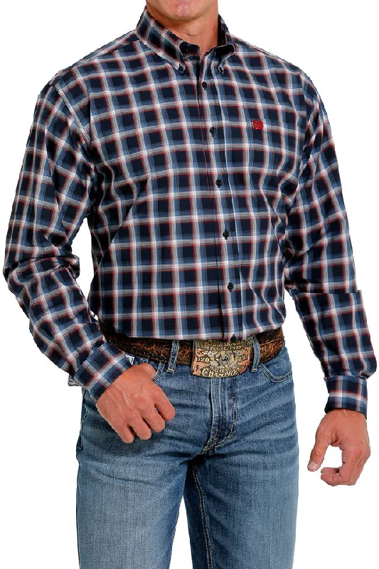 Hiking shirt fall UV protection-Men's Plaid Button-Down Long Sleeve Western Shirt - Navy / Red / Cream