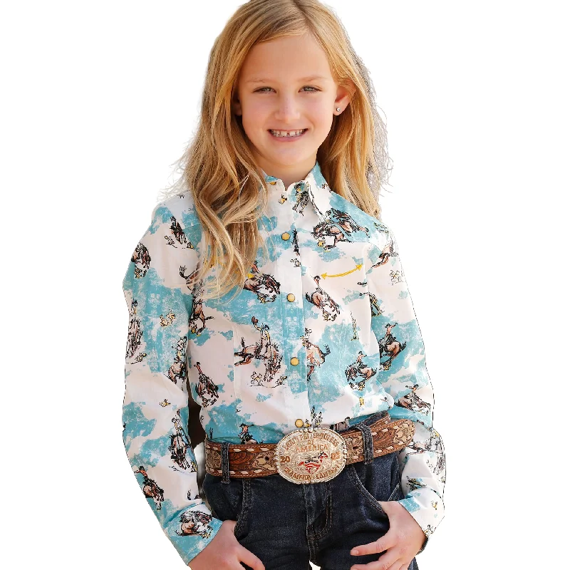 Hiking shirt budget adventure-Girl's Western Print Long Sleeve Snap Shirt - Blue Bronco