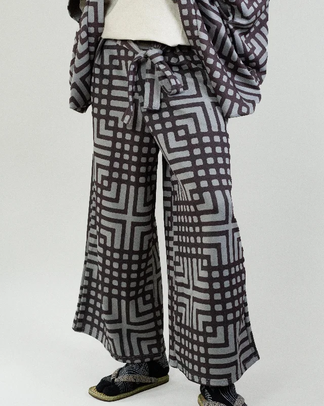 Hiking Pants high waisted-Wa-Modern Wide Pants, Grey with Brown Koushi Pattern