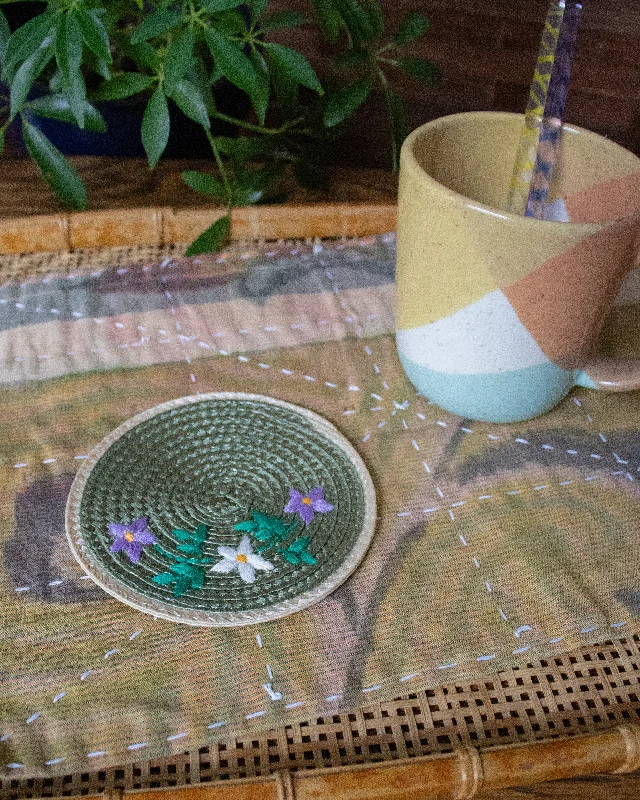 Coaster, Bisque, Embroidered Green