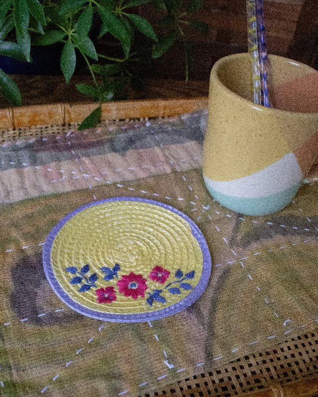 Coaster, Bisque, Embroidered Yellow and Purple