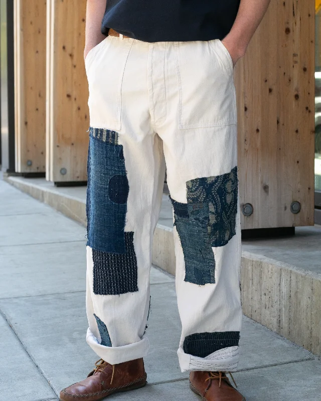 Hiking Pants mid rise-Kiriko Custom Canvas Wide Pants, Patched Vintage Boro, White with Blue Patches- 32"