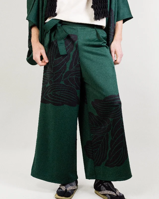 Hiking Pants straight fit-Wa-Modern Wide Pants, Moss Green with Black Kashiwa Leaves