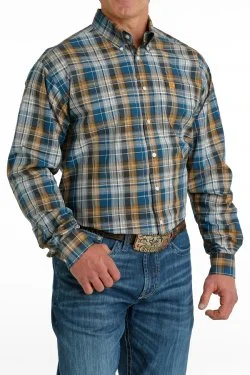 Hiking shirt warm stretch-Men's Plaid Button-Down Long Sleeve Western Shirt - Blue / Khaki